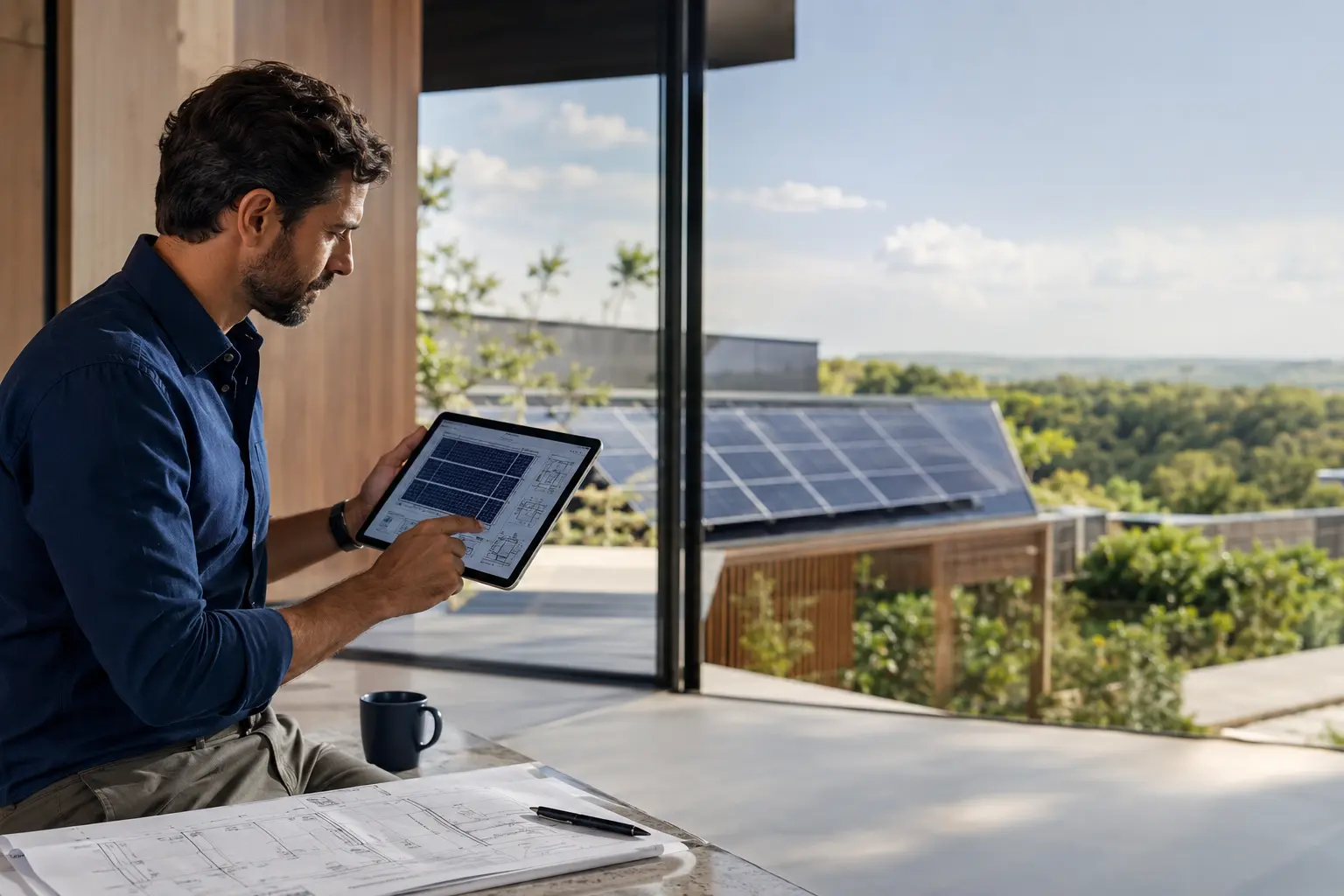 Engenheiro analisando projeto de energia solar antes da instalação em Cascavel