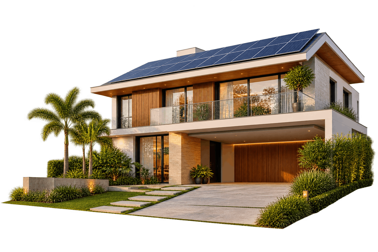 Residência contemporânea com painéis solares representando valorização patrimonial