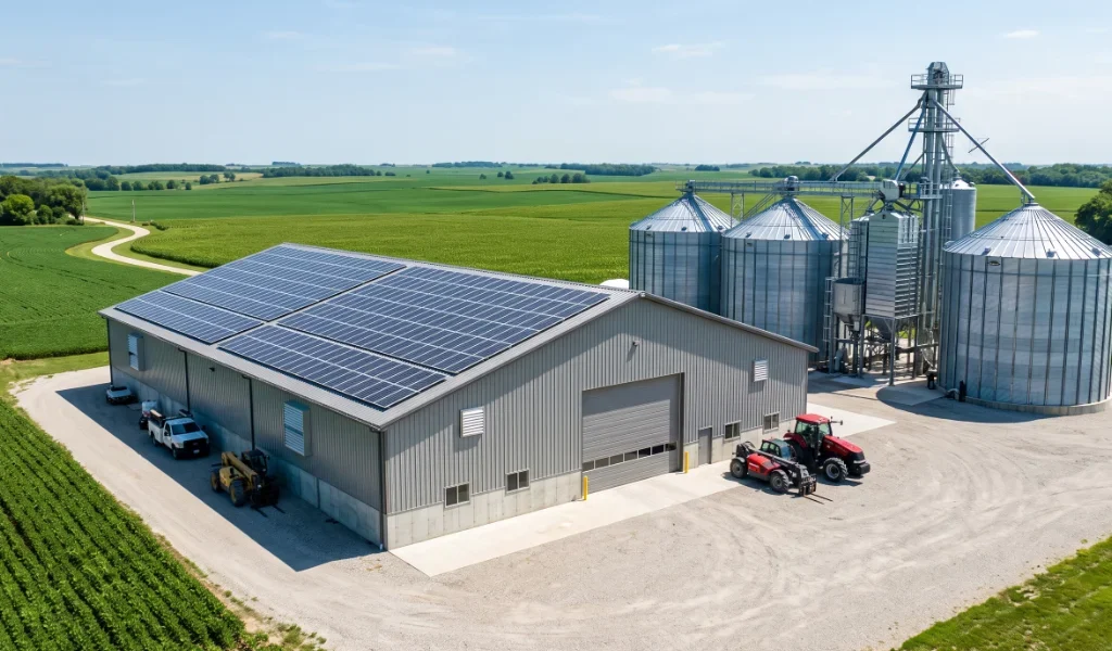 Painéis solares instalados sobre o telhado de um galpão agrícola moderno, com silos e lavoura ao fundo, ilustrando a aplicação de energia solar no agronegócio.