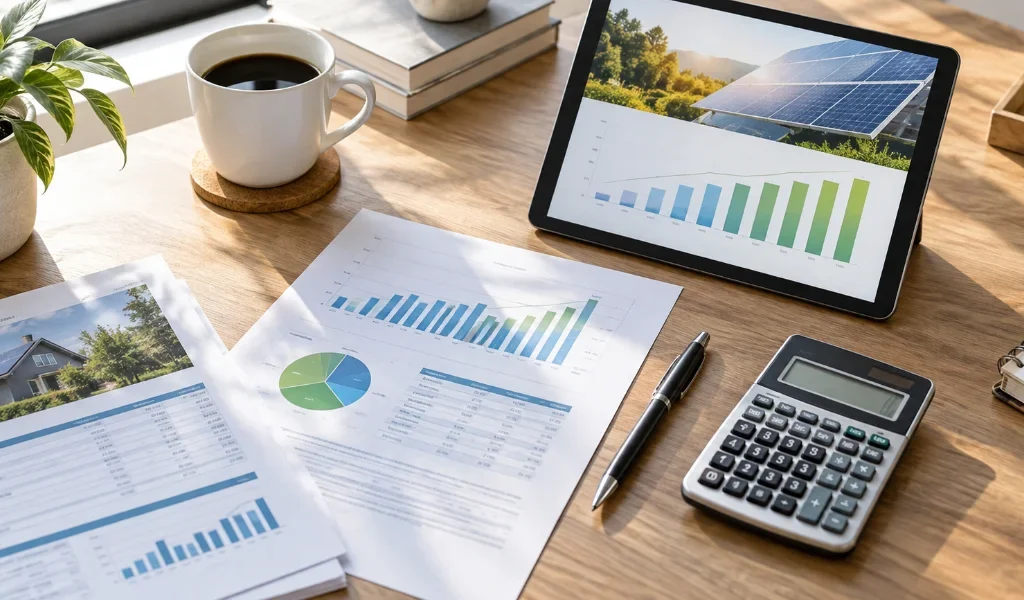 Documentos financeiros, calculadora e gráficos sobre uma mesa, representando a decisão de financiamento de energia solar com análise de taxas e CET.