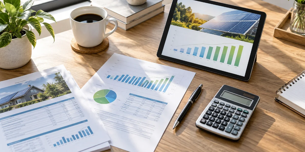 Documentos financeiros, calculadora e gráficos sobre uma mesa, representando a decisão de financiamento de energia solar com análise de taxas e CET.