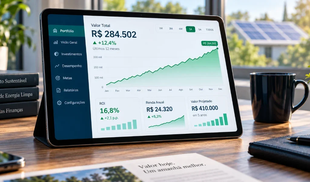 Gráficos de projeção financeira e cálculo do payback da energia solar sobre uma mesa com painel solar ao fundo.