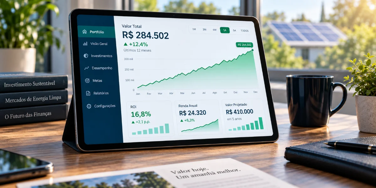 Gráficos de projeção financeira e cálculo do payback da energia solar sobre uma mesa com painel solar ao fundo.